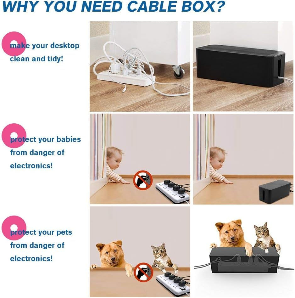 Set of Three Large Cable Management Boxes - Organizer for Desk, TV, Computer, USB Hub, Power Strips, and Cords (Black)