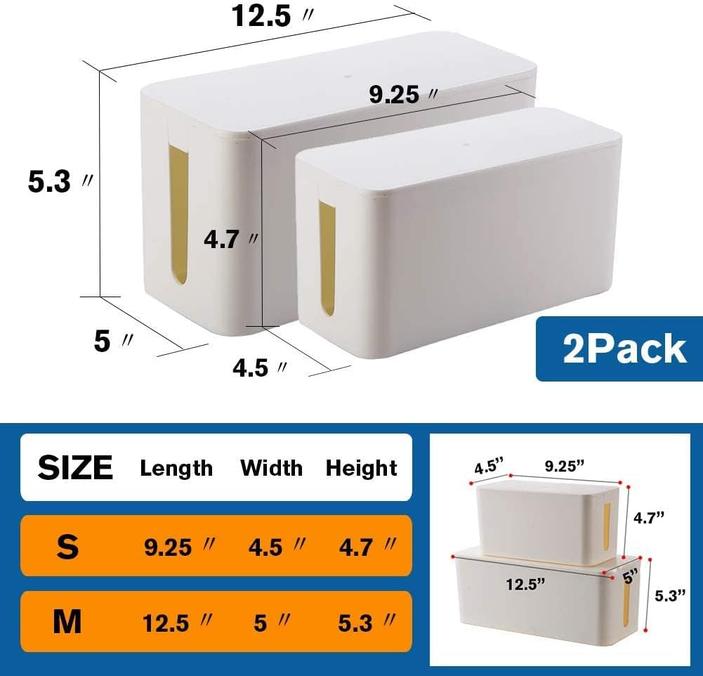 Cable Management Box Organizer Set of 2 - Wire Concealers for Hiding Surge Protectors and Power Strips on Desk or Floor, Includes 5 Cord Fastening Tapes for Office, Home, and Kitchen (Ice White)