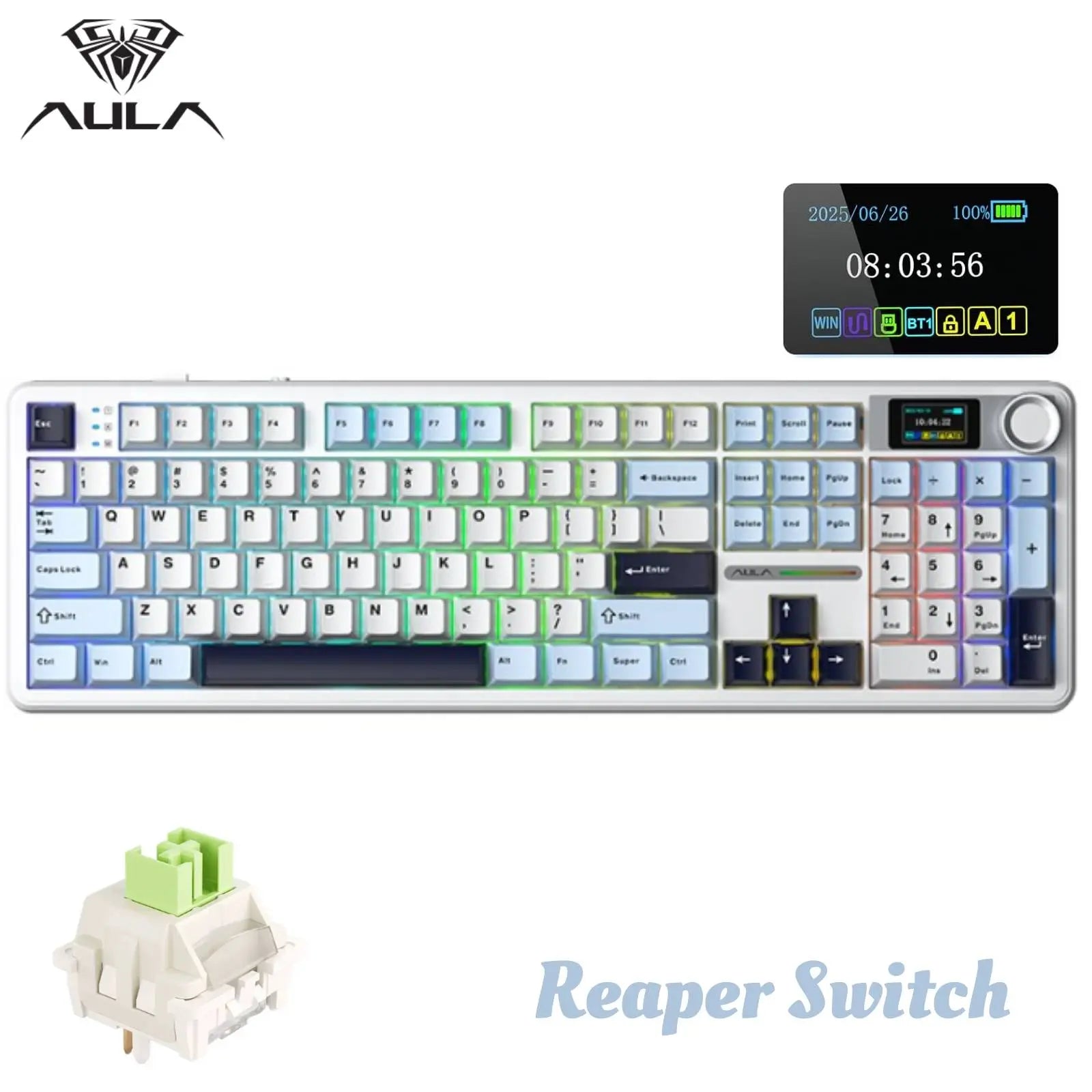 Aula F108 Pro Tri-Mode Wireless Mechanical Gaming Keyboard with Hot-Swappable Keys, RGB Backlighting, Smart Screen and Knob, Full Size with Numeric Keypad, USB-C, Bluetooth, and 2.4GHz Connectivity for E-Sports and Office Applications