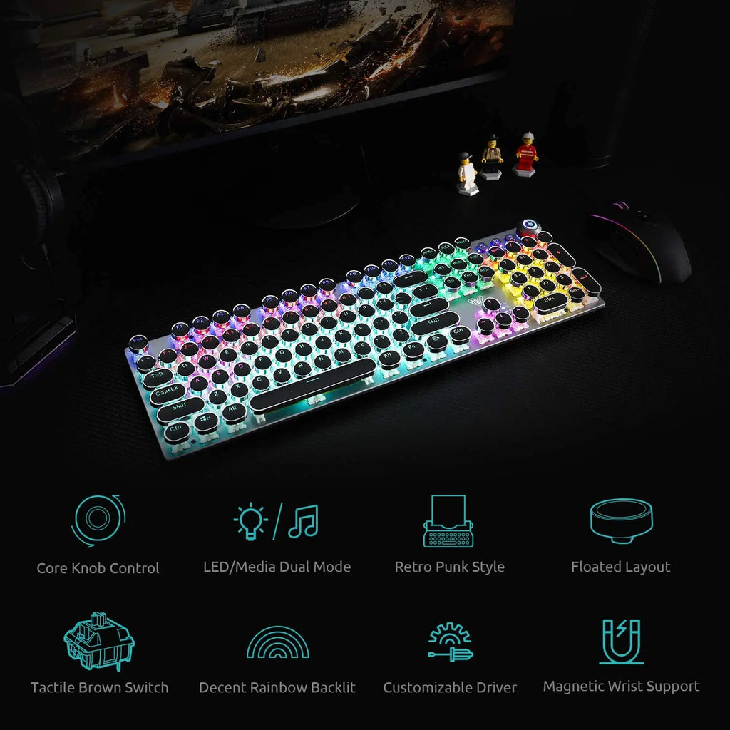 Aula F2088 Wired Mechanical Gaming Keyboard with Wrist Rest and Blue Switches - Full Size Round Key Design for Office Use