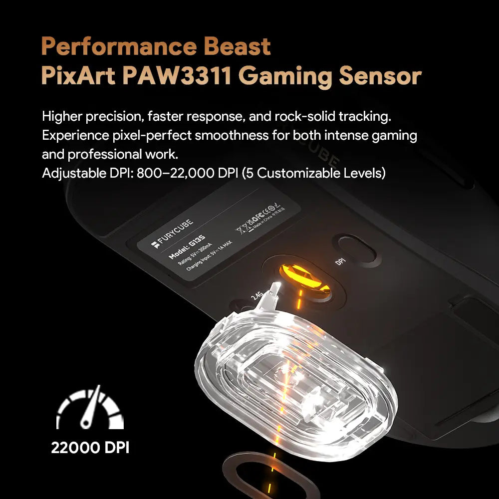 FURYCUBE G13S Wireless Gaming Mouse with PAW3311 Sensor, Dual-Battery System, Lightweight 55G Design, Tri-Mode Connectivity, Extended Battery Life, Customizable Knob Function, and Macro Key Settings for Work and Gaming.