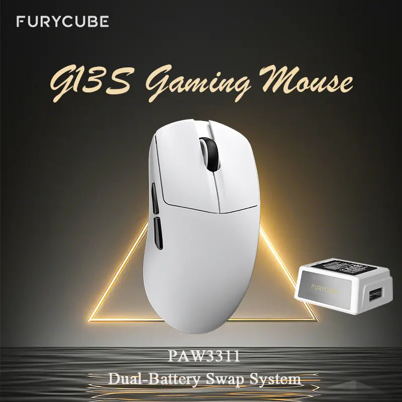 FURYCUBE G13S Wireless Gaming Mouse with PAW3311 Sensor, Dual-Battery System, Lightweight 55G Design, Tri-Mode Connectivity, Extended Battery Life, Customizable Knob Function, and Macro Key Settings for Work and Gaming.