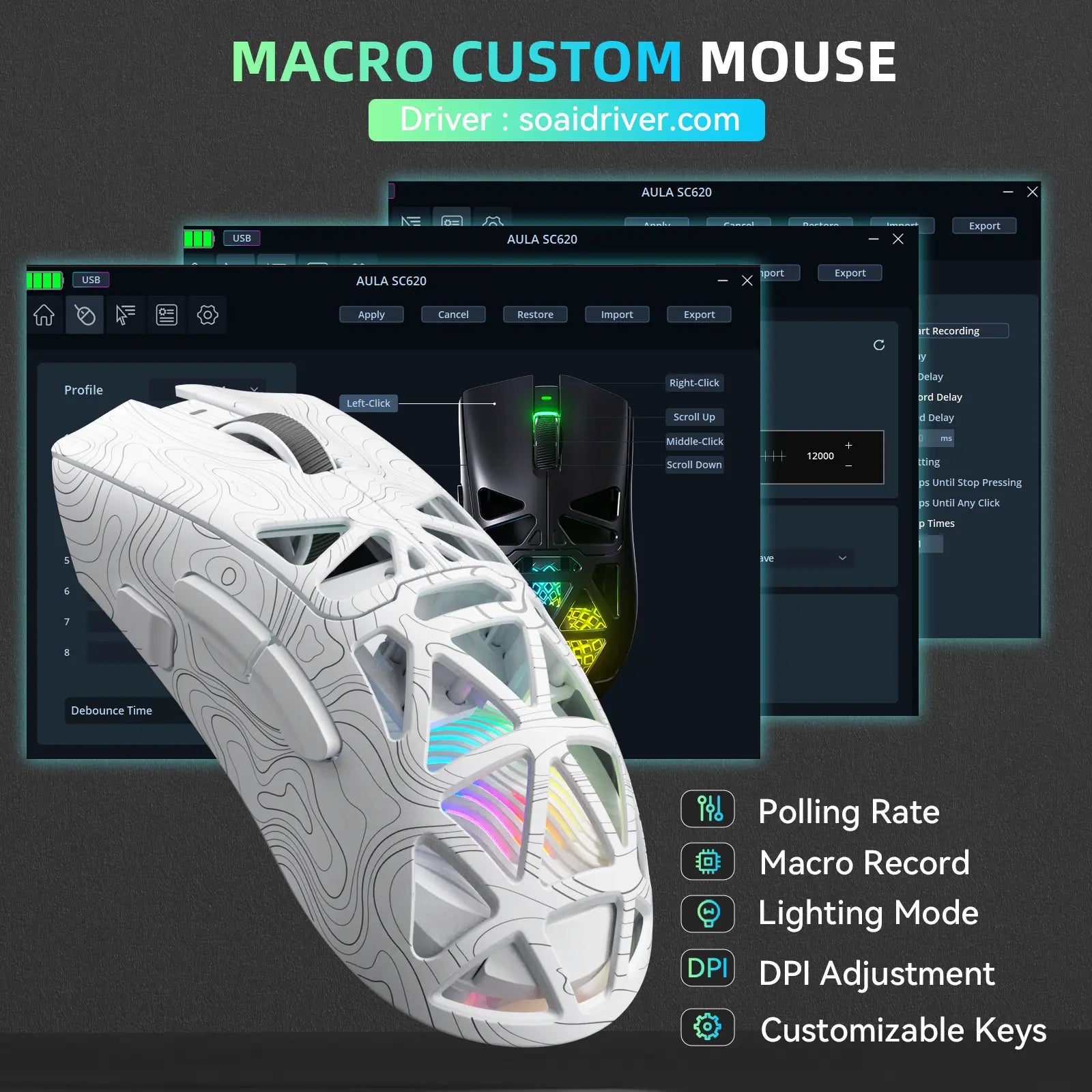 Aula SC620 Lightweight Tri-Mode Gaming Mouse with PAW3311 Optical Sensor, Adjustable DPI 800–12000, Hollow RGB Rechargeable Design, Programmable Macros for Gaming and Office Use