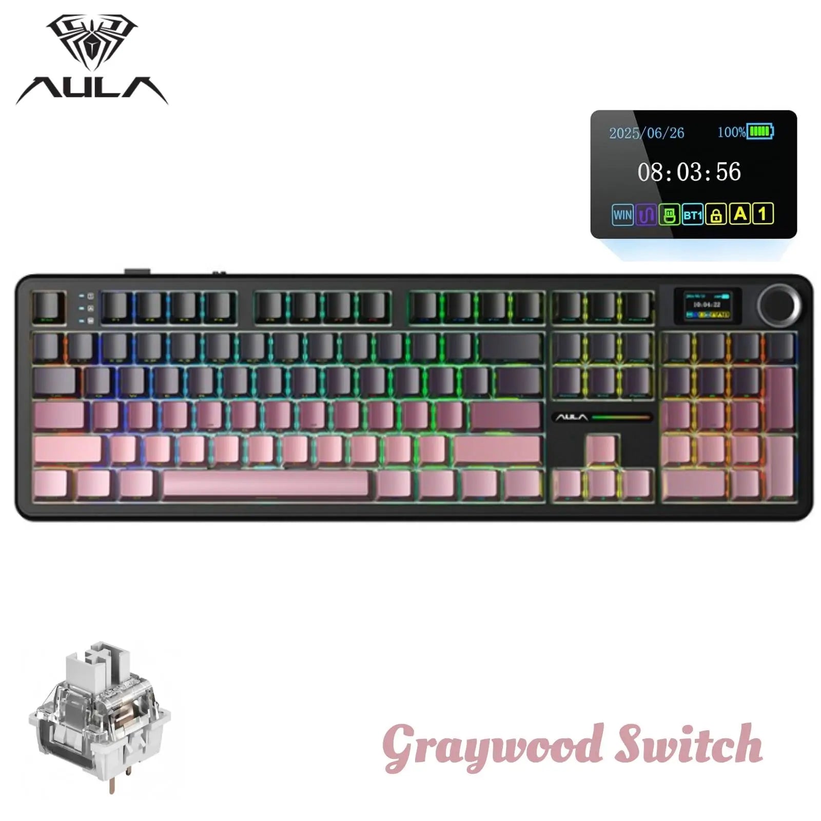 Aula F108 Pro Tri-Mode Wireless Mechanical Gaming Keyboard with Hot-Swappable Keys, RGB Backlighting, Smart Screen and Knob, Full Size with Numeric Keypad, USB-C, Bluetooth, and 2.4GHz Connectivity for E-Sports and Office Applications