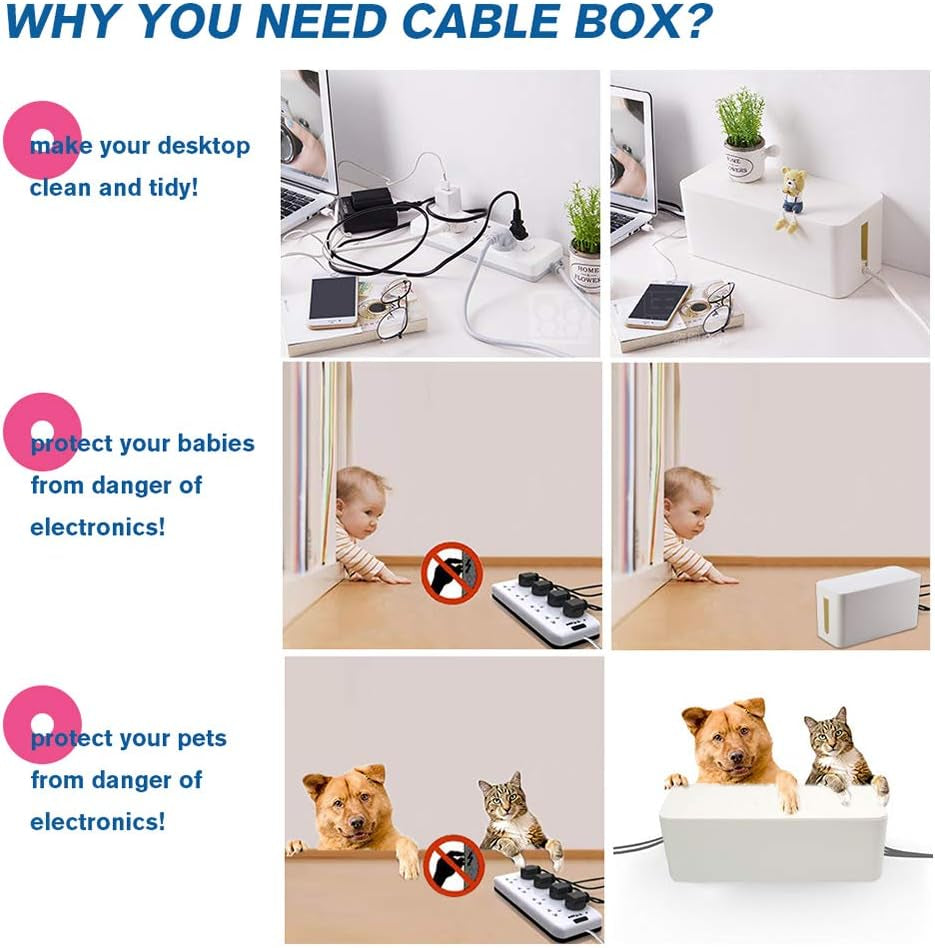 Cable Management Box Organizer Set of 2 - Wire Concealers for Hiding Surge Protectors and Power Strips on Desk or Floor, Includes 5 Cord Fastening Tapes for Office, Home, and Kitchen (Ice White)