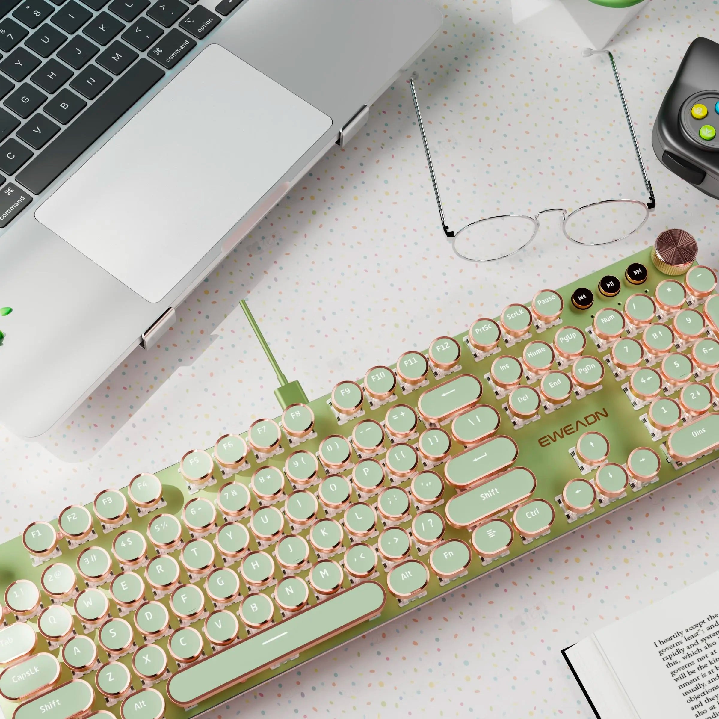EWEADN V20 Retro Punk Mechanical Gaming Keyboard - All-Metal 104-Key Wired Keyboard with White Backlighting and Multimedia Control for Gaming and Office Use