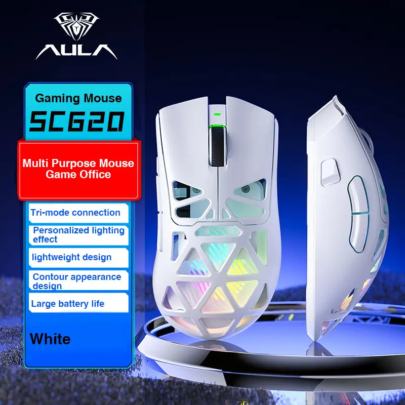 Aula SC620 Lightweight Tri-Mode Gaming Mouse with PAW3311 Optical Sensor, Adjustable DPI 800–12000, Hollow RGB Rechargeable Design, Programmable Macros for Gaming and Office Use