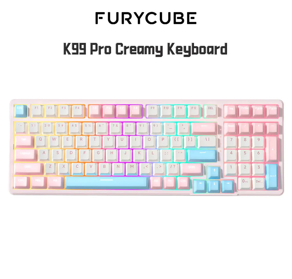 FURYCUBE K99 Pro Mechanical Keyboard - 2.4G Wireless, Bluetooth 5.0, USB Wired, Hot-Swappable ASMR Switches, Gasket Structure, RGB Lighting for Work and Gaming