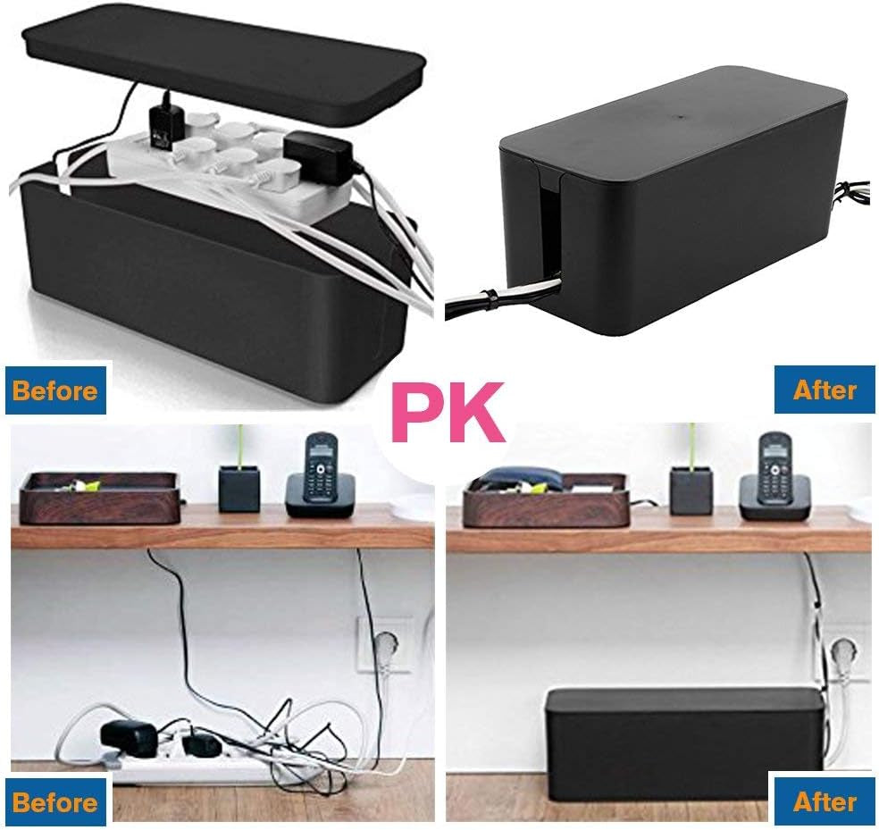 Set of Three Large Cable Management Boxes - Organizer for Desk, TV, Computer, USB Hub, Power Strips, and Cords (Black)