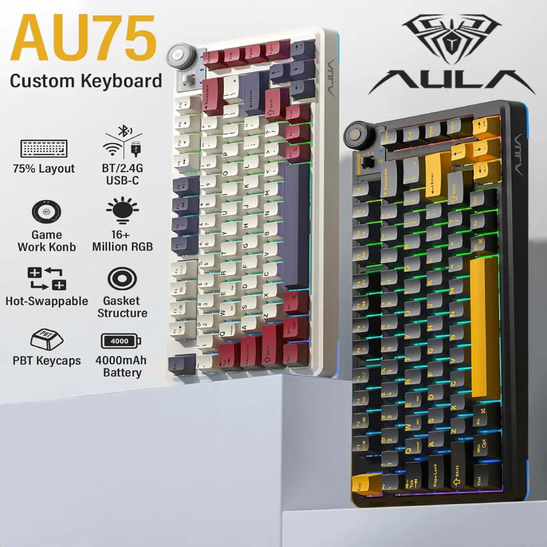 Aula F75 Hot Swappable Custom Mechanical Gaming Keyboard - Tri-Mode BT5.0/2.4GHz/USB-C with RGB Backlit PBT Keycaps and Functional Knob for Windows and Mac - Ideal Gift for Gamers