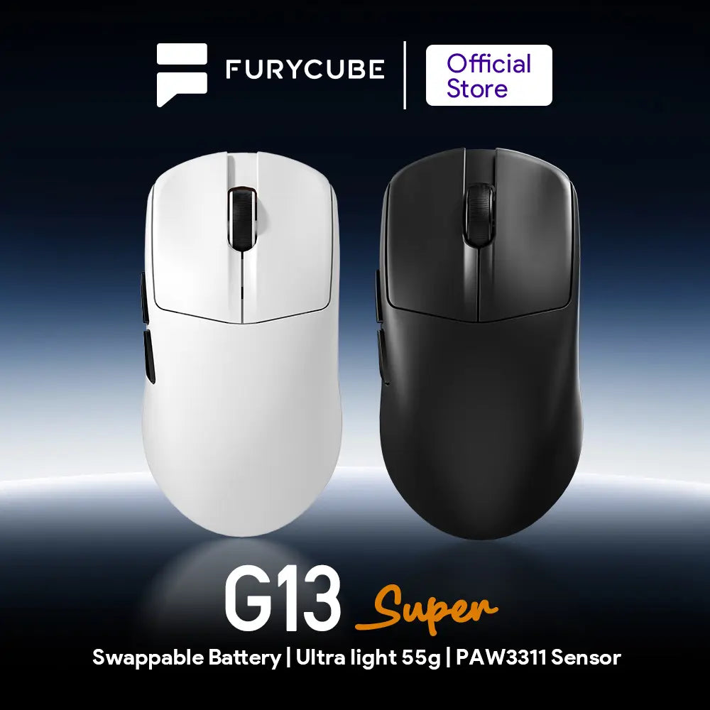 FURYCUBE G13S Wireless Gaming Mouse with PAW3311 Sensor, Dual-Battery System, Lightweight 55G Design, Tri-Mode Connectivity, Extended Battery Life, Customizable Knob Function, and Macro Key Settings for Work and Gaming.