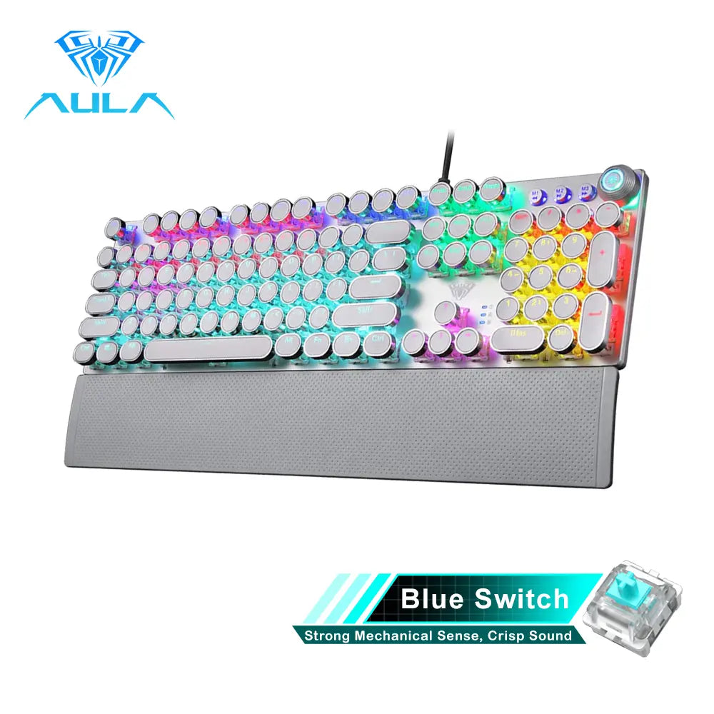 Aula F2088 Wired Mechanical Gaming Keyboard with Wrist Rest and Blue Switches - Full Size Round Key Design for Office Use