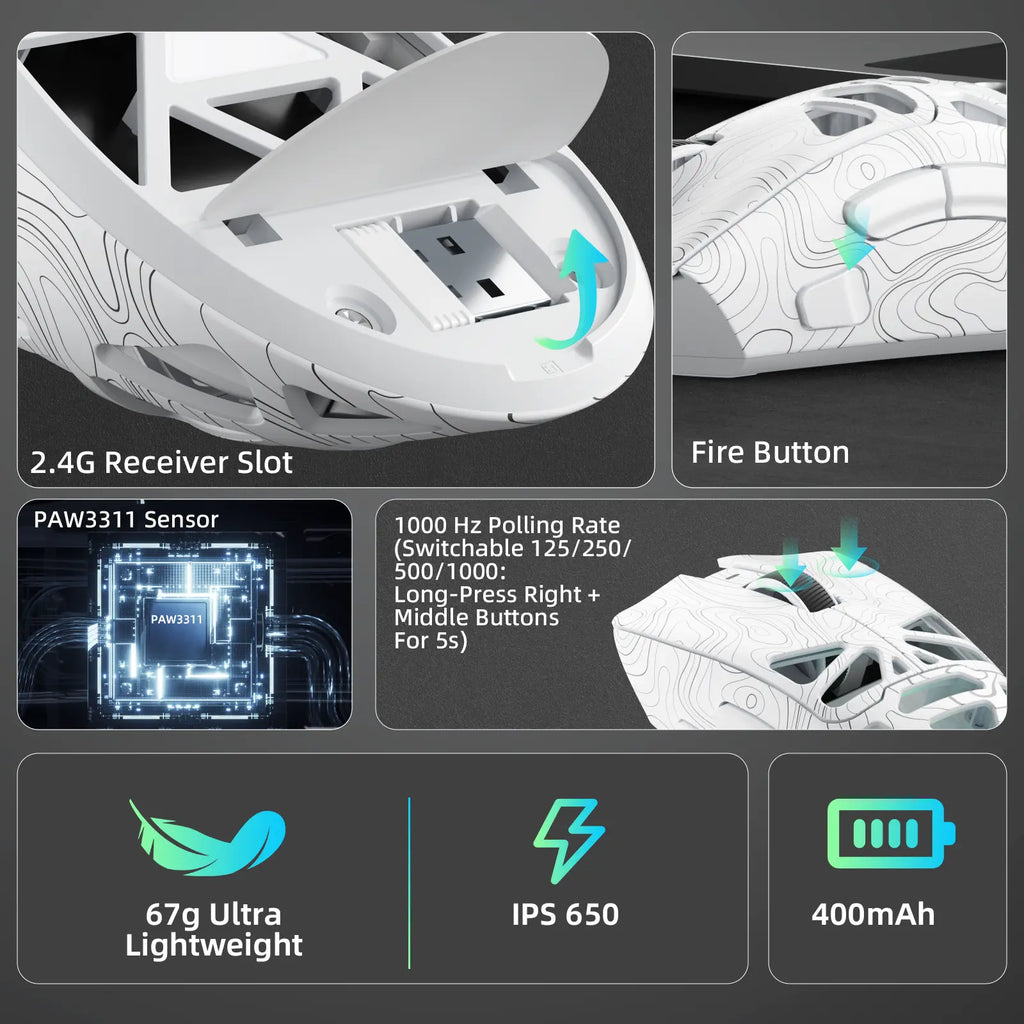 Aula SC620 Lightweight Tri-Mode Gaming Mouse with PAW3311 Optical Sensor, Adjustable DPI 800–12000, Hollow RGB Rechargeable Design, Programmable Macros for Gaming and Office Use