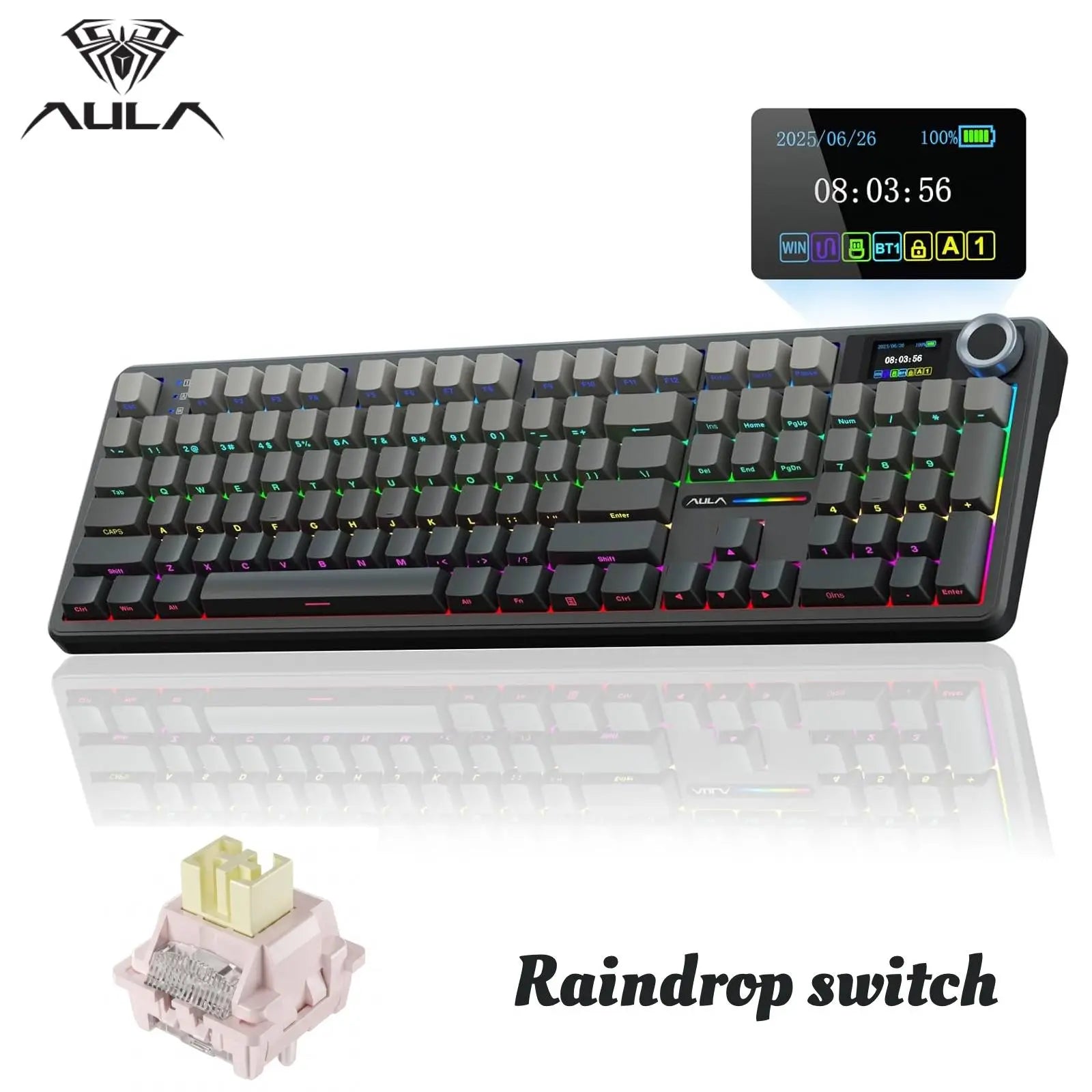 Aula F108 Pro Tri-Mode Wireless Mechanical Gaming Keyboard with Hot-Swappable Keys, RGB Backlighting, Smart Screen and Knob, Full Size with Numeric Keypad, USB-C, Bluetooth, and 2.4GHz Connectivity for E-Sports and Office Applications