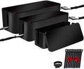 Set of Three Large Cable Management Boxes - Organizer for Desk, TV, Computer, USB Hub, Power Strips, and Cords (Black)