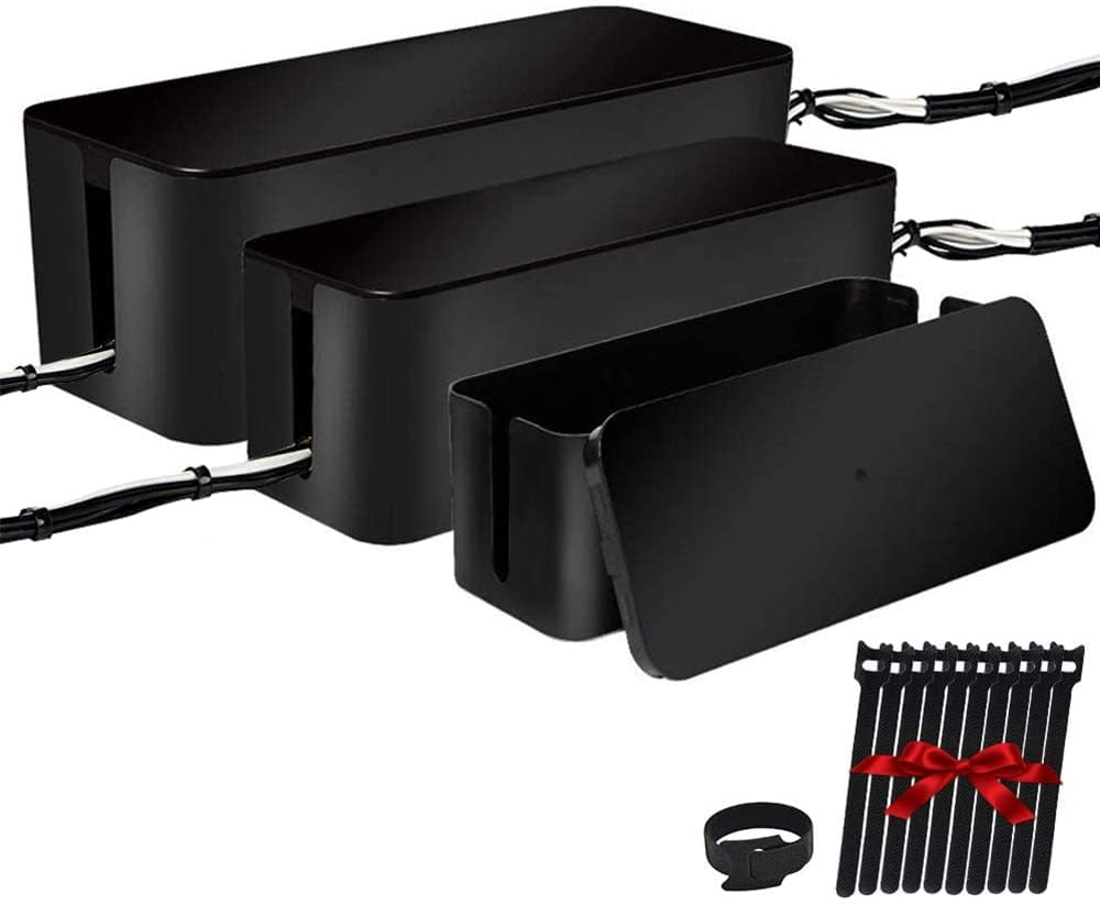 Set of Three Large Cable Management Boxes - Organizer for Desk, TV, Computer, USB Hub, Power Strips, and Cords (Black)
