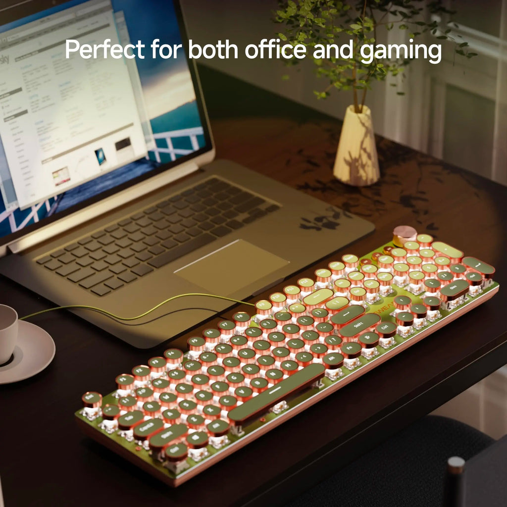 EWEADN V20 Retro Punk Mechanical Gaming Keyboard - All-Metal 104-Key Wired Keyboard with White Backlighting and Multimedia Control for Gaming and Office Use