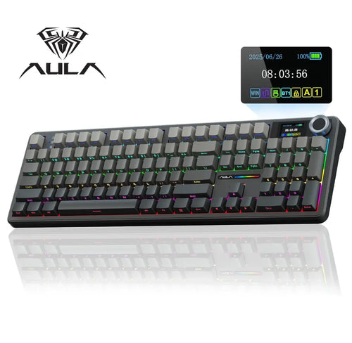 Aula F108 Pro Tri-Mode Wireless Mechanical Gaming Keyboard with Hot-Swappable Keys, RGB Backlighting, Smart Screen and Knob, Full Size with Numeric Keypad, USB-C, Bluetooth, and 2.4GHz Connectivity for E-Sports and Office Applications