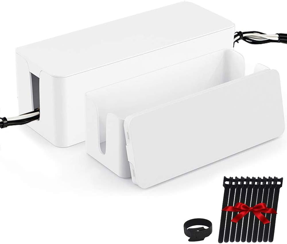 Cable Management Box Organizer Set of 2 - Wire Concealers for Hiding Surge Protectors and Power Strips on Desk or Floor, Includes 5 Cord Fastening Tapes for Office, Home, and Kitchen (Ice White)