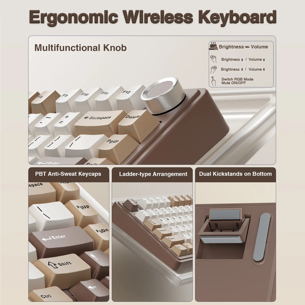 Aula F75 Mocha Brown Wireless Mechanical Gaming Keyboard with Pre-Lubricated Linear Switches, Tri-Mode Connectivity, Hot-Swappable (3/5-Pin), RGB Backlighting, and Volume Control - Budget-Friendly Option