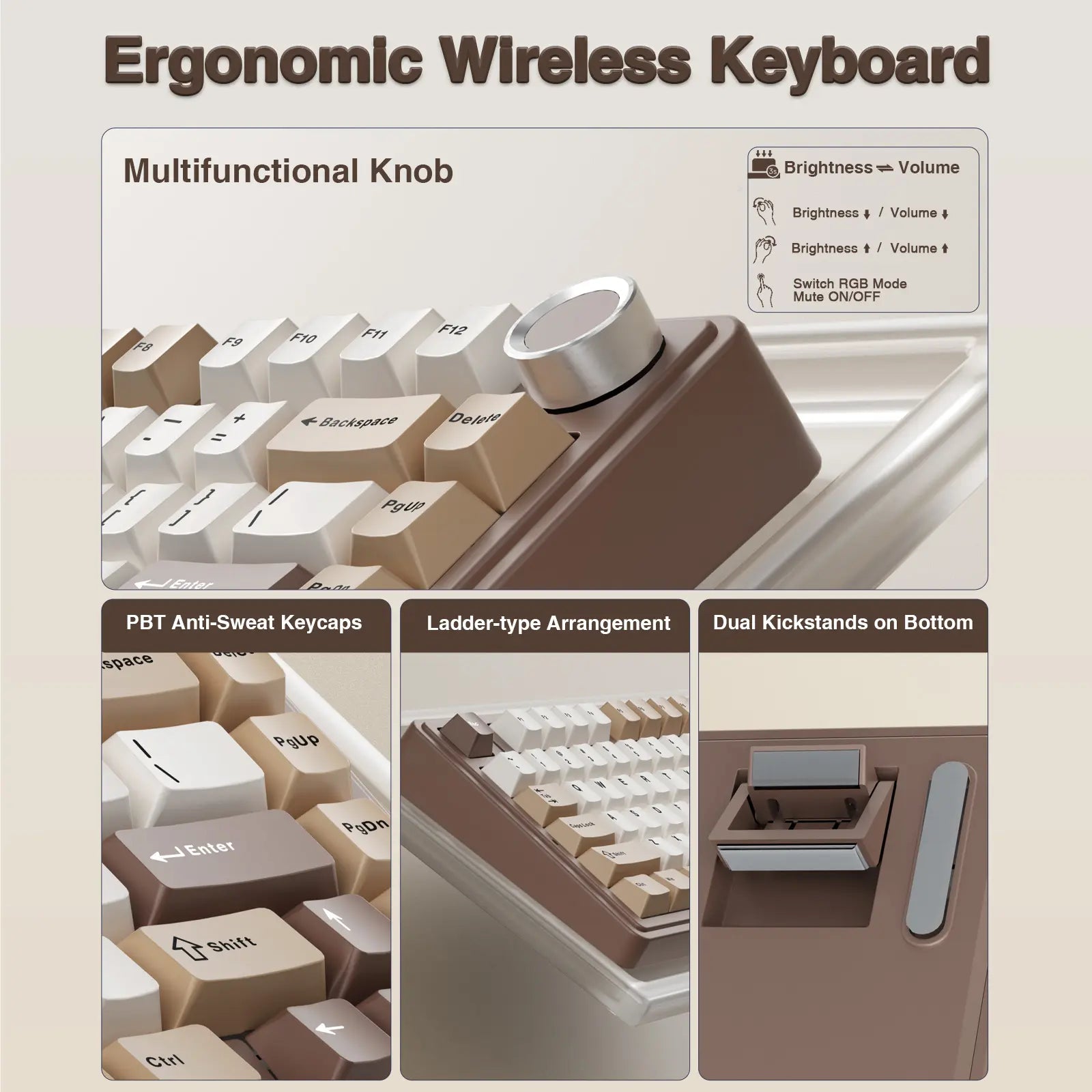 Aula F75 Mocha Brown Wireless Mechanical Gaming Keyboard with Pre-Lubricated Linear Switches, Tri-Mode Connectivity, Hot-Swappable (3/5-Pin), RGB Backlighting, and Volume Control - Budget-Friendly Option