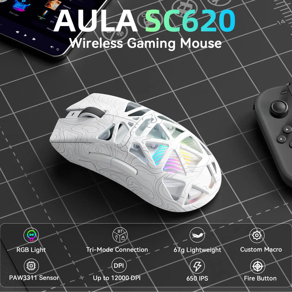 Aula SC620 Lightweight Tri-Mode Gaming Mouse with PAW3311 Optical Sensor, Adjustable DPI 800–12000, Hollow RGB Rechargeable Design, Programmable Macros for Gaming and Office Use