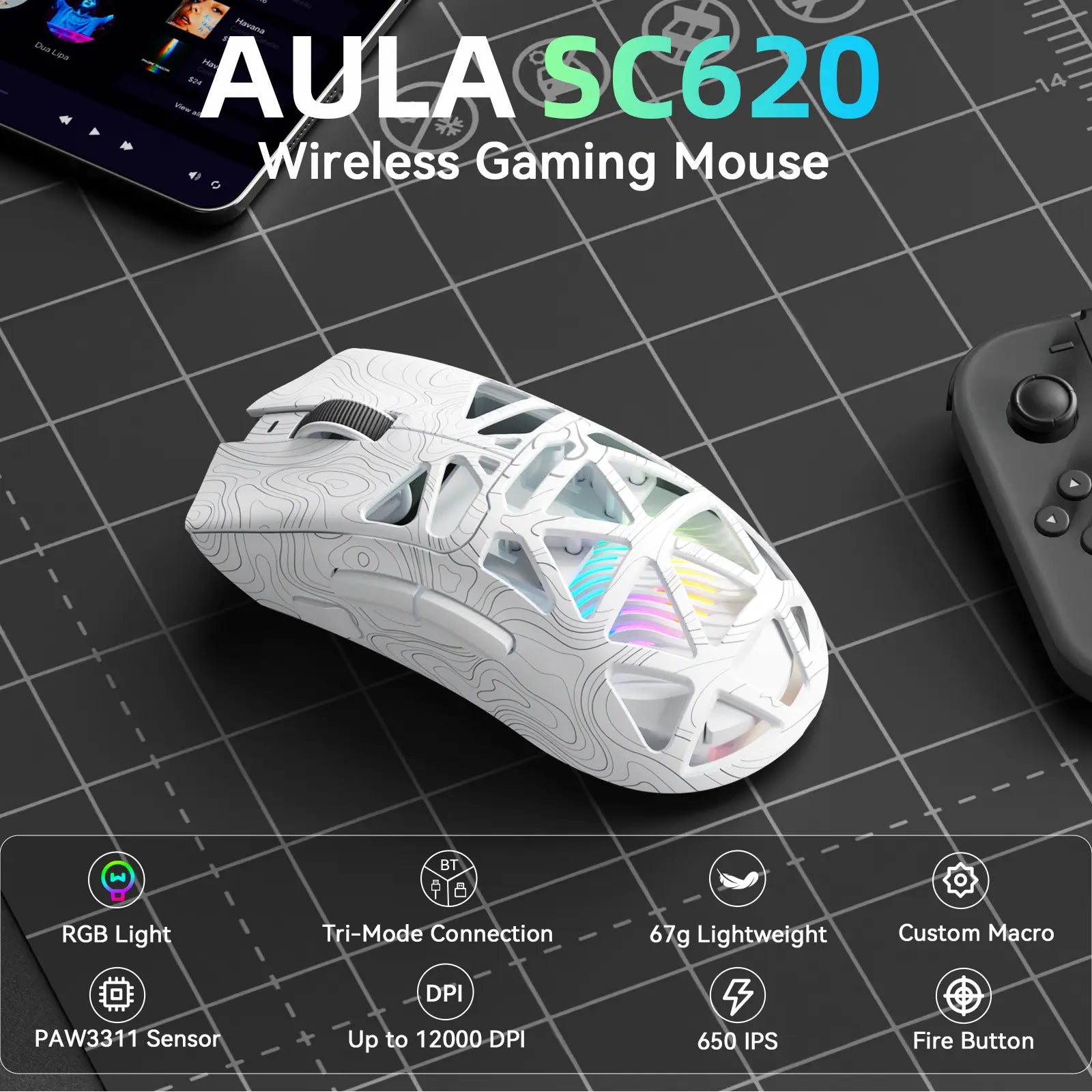 Aula SC620 Lightweight Tri-Mode Gaming Mouse with PAW3311 Optical Sensor, Adjustable DPI 800–12000, Hollow RGB Rechargeable Design, Programmable Macros for Gaming and Office Use