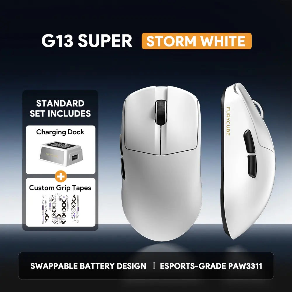 FURYCUBE G13S Wireless Gaming Mouse with PAW3311 Sensor, Dual-Battery System, Lightweight 55G Design, Tri-Mode Connectivity, Extended Battery Life, Customizable Knob Function, and Macro Key Settings for Work and Gaming.