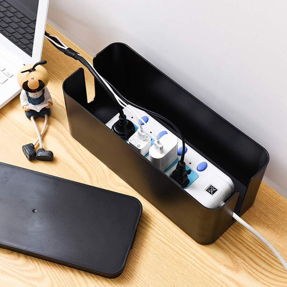 Set of Three Large Cable Management Boxes - Organizer for Desk, TV, Computer, USB Hub, Power Strips, and Cords (Black)