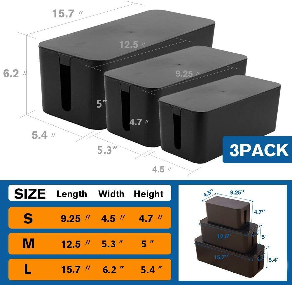 Set of Three Large Cable Management Boxes - Organizer for Desk, TV, Computer, USB Hub, Power Strips, and Cords (Black)