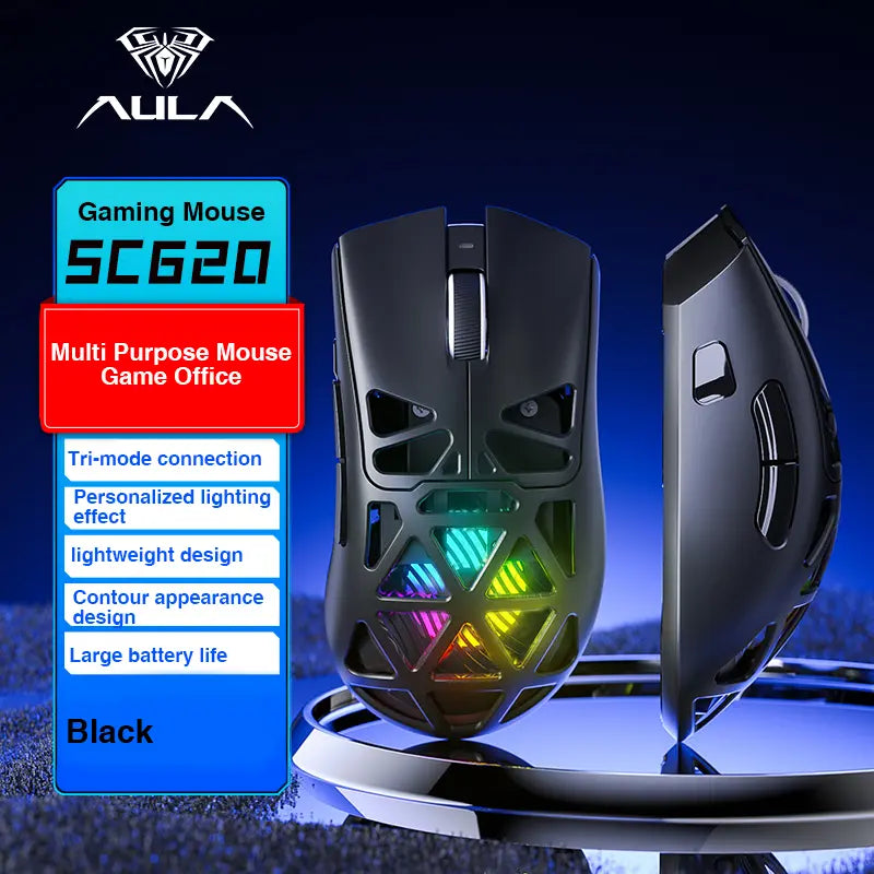 Aula SC620 Lightweight Tri-Mode Gaming Mouse with PAW3311 Optical Sensor, Adjustable DPI 800–12000, Hollow RGB Rechargeable Design, Programmable Macros for Gaming and Office Use