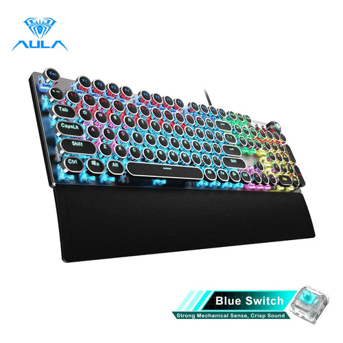 Aula F2088 Wired Mechanical Gaming Keyboard with Wrist Rest and Blue Switches - Full Size Round Key Design for Office Use