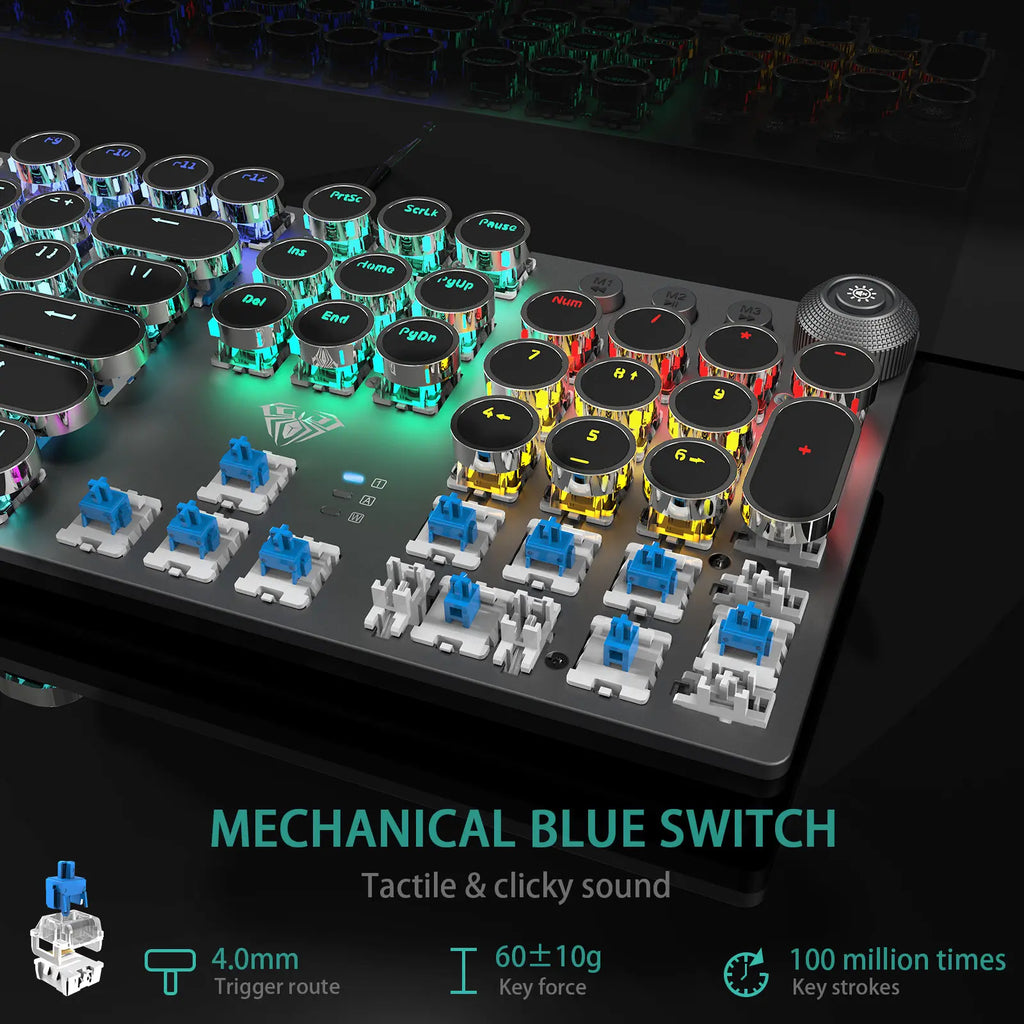 Aula F2088 Wired Mechanical Gaming Keyboard with Wrist Rest and Blue Switches - Full Size Round Key Design for Office Use