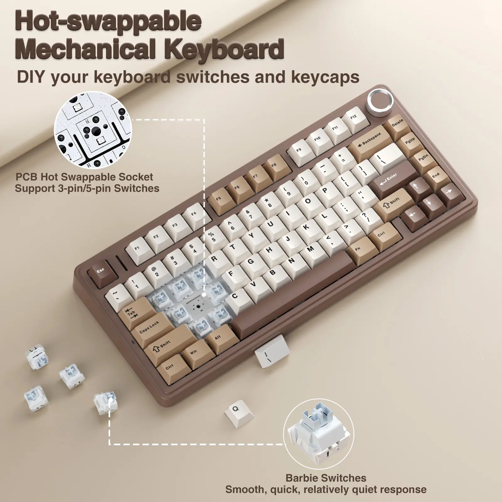 Aula F75 Mocha Brown Wireless Mechanical Gaming Keyboard with Pre-Lubricated Linear Switches, Tri-Mode Connectivity, Hot-Swappable (3/5-Pin), RGB Backlighting, and Volume Control - Budget-Friendly Option