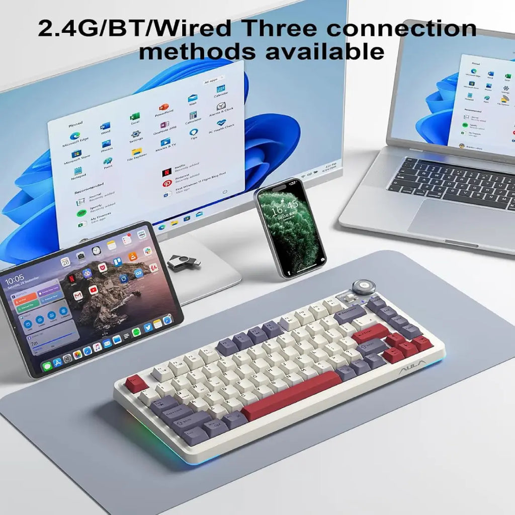 Aula F75 Hot Swappable Custom Mechanical Gaming Keyboard - Tri-Mode BT5.0/2.4GHz/USB-C with RGB Backlit PBT Keycaps and Functional Knob for Windows and Mac - Ideal Gift for Gamers