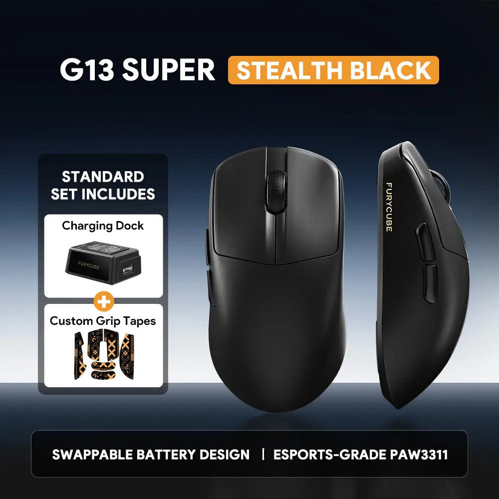 FURYCUBE G13S Wireless Gaming Mouse with PAW3311 Sensor, Dual-Battery System, Lightweight 55G Design, Tri-Mode Connectivity, Extended Battery Life, Customizable Knob Function, and Macro Key Settings for Work and Gaming.