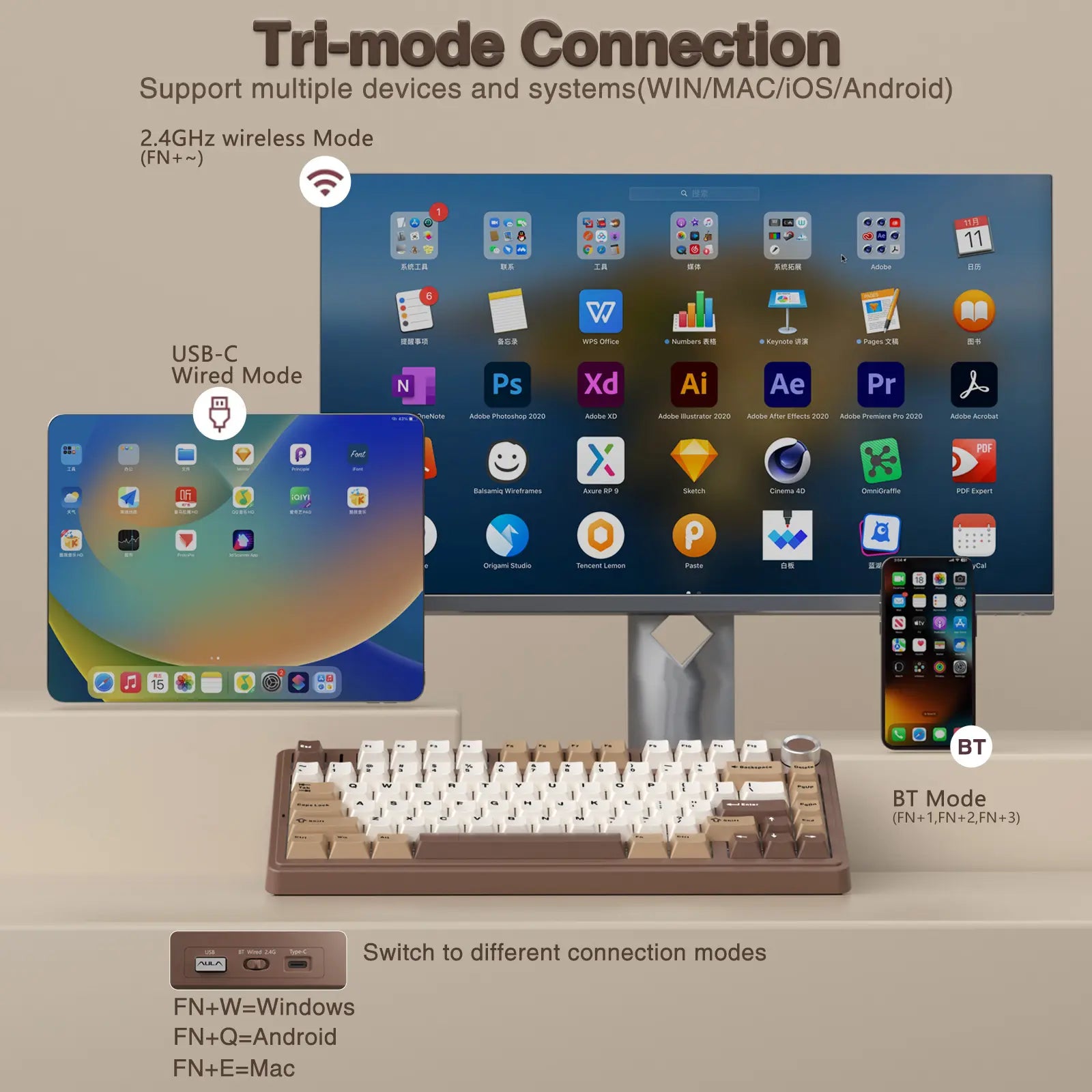 Aula F75 Mocha Brown Wireless Mechanical Gaming Keyboard with Pre-Lubricated Linear Switches, Tri-Mode Connectivity, Hot-Swappable (3/5-Pin), RGB Backlighting, and Volume Control - Budget-Friendly Option