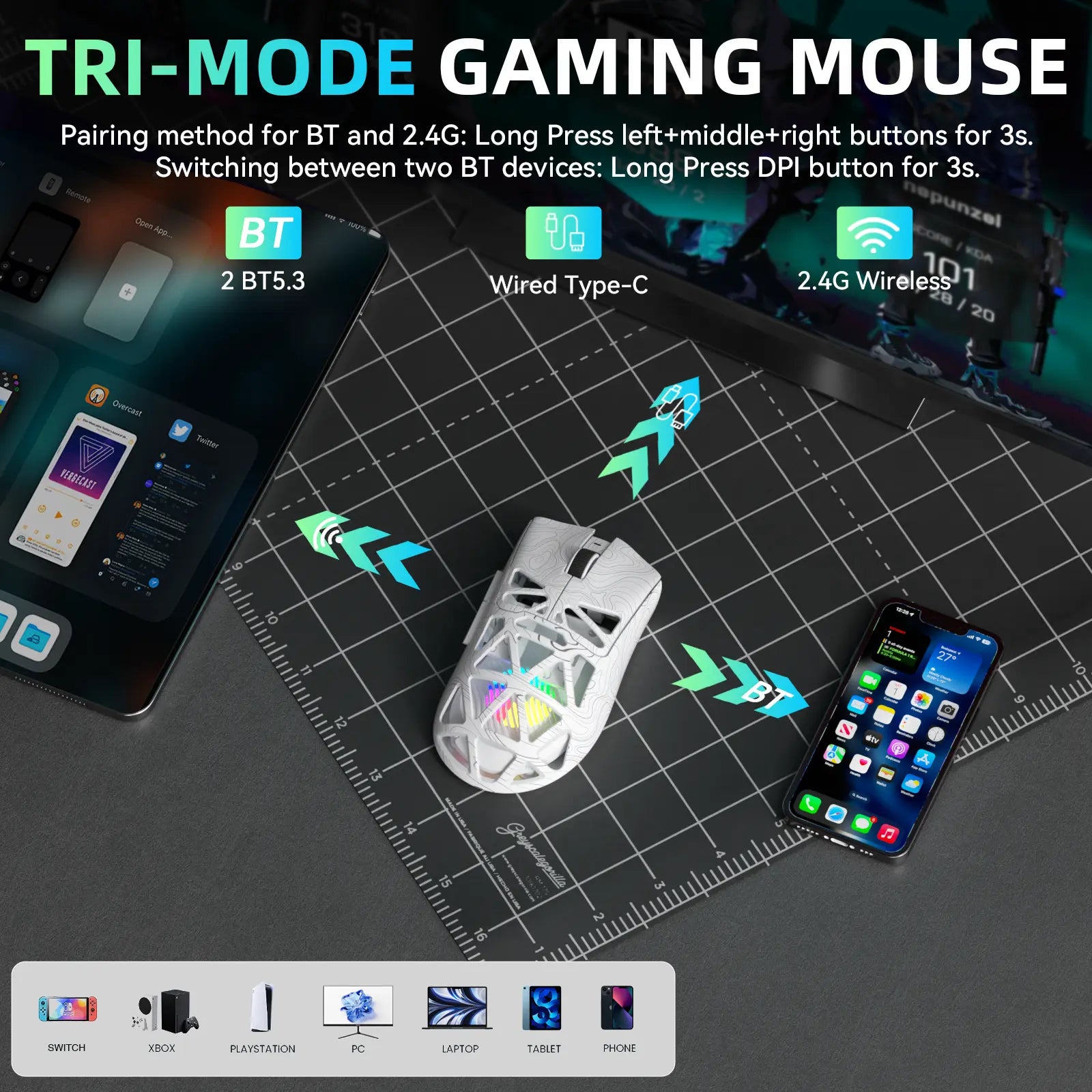 Aula SC620 Lightweight Tri-Mode Gaming Mouse with PAW3311 Optical Sensor, Adjustable DPI 800–12000, Hollow RGB Rechargeable Design, Programmable Macros for Gaming and Office Use