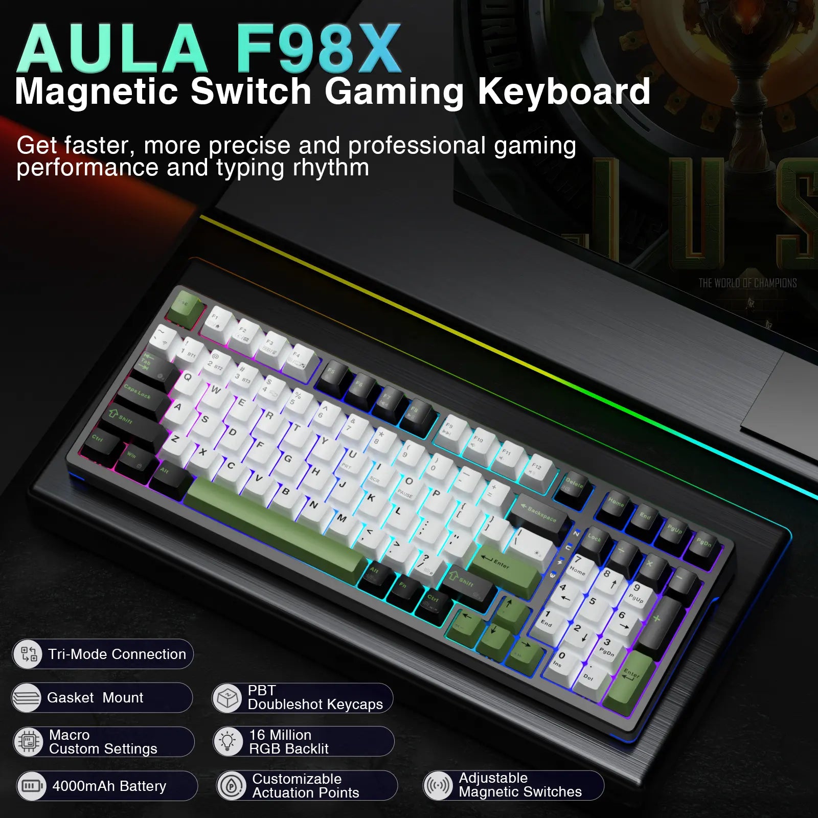 AULA F98X Wireless Full-Size Mechanical Gaming Keyboard with Magnetic Switch, RGB Backlighting, Tri-Mode Connectivity (Bluetooth 5.0/2.4GHz/USB-C), Gasket Hot Swappable Design, Ideal for Gaming and Office Use