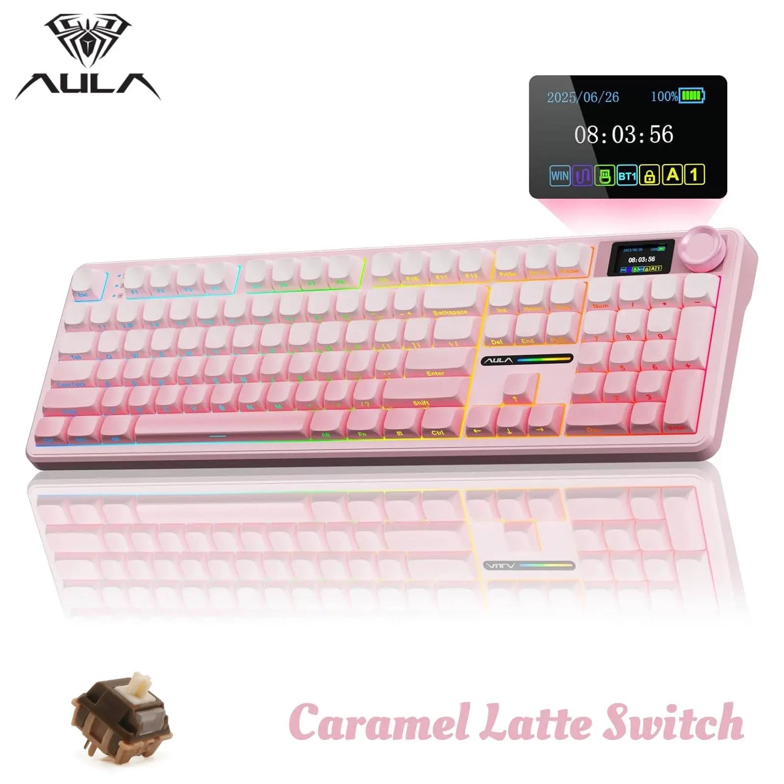 Aula F108 Pro Tri-Mode Wireless Mechanical Gaming Keyboard with Hot-Swappable Keys, RGB Backlighting, Smart Screen and Knob, Full Size with Numeric Keypad, USB-C, Bluetooth, and 2.4GHz Connectivity for E-Sports and Office Applications