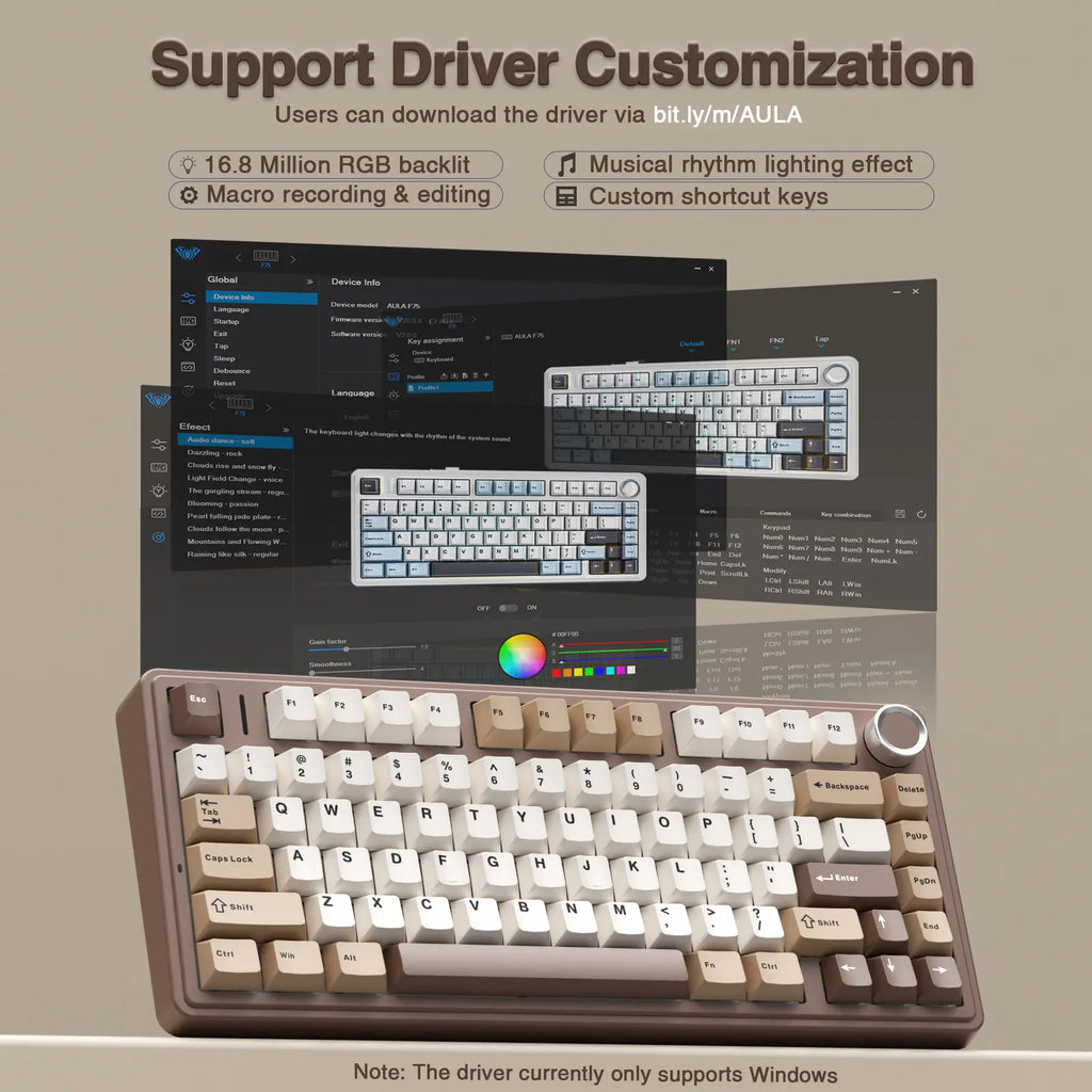 Aula F75 Mocha Brown Wireless Mechanical Gaming Keyboard with Pre-Lubricated Linear Switches, Tri-Mode Connectivity, Hot-Swappable (3/5-Pin), RGB Backlighting, and Volume Control - Budget-Friendly Option