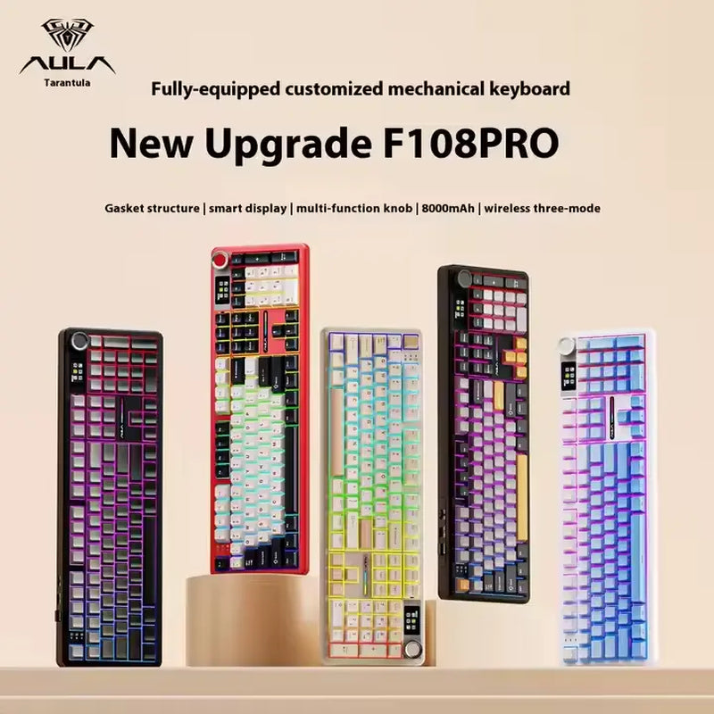 Aula F108 Pro Tri-Mode Wireless Mechanical Gaming Keyboard with Hot-Swappable Keys, RGB Backlighting, Smart Screen and Knob, Full Size with Numeric Keypad, USB-C, Bluetooth, and 2.4GHz Connectivity for E-Sports and Office Applications