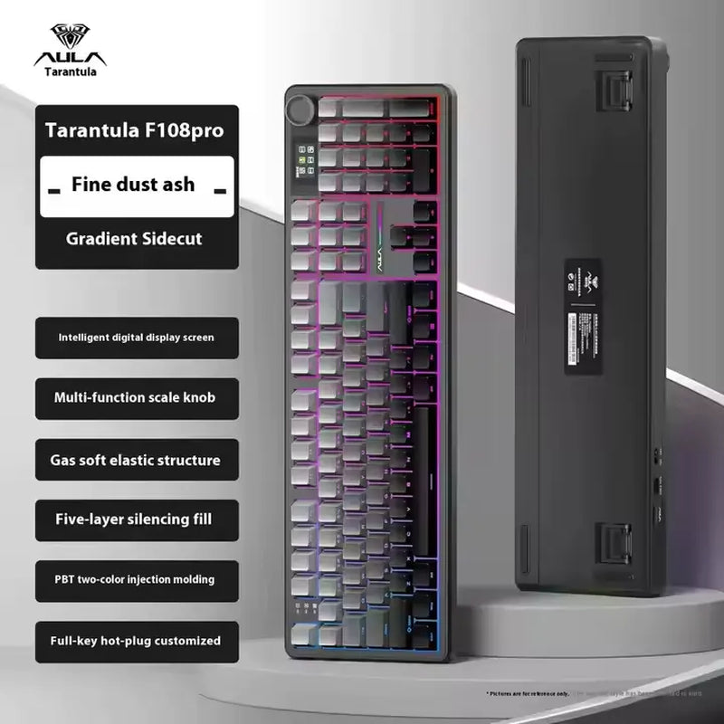 Aula F108 Pro Tri-Mode Wireless Mechanical Gaming Keyboard with Hot-Swappable Keys, RGB Backlighting, Smart Screen and Knob, Full Size with Numeric Keypad, USB-C, Bluetooth, and 2.4GHz Connectivity for E-Sports and Office Applications