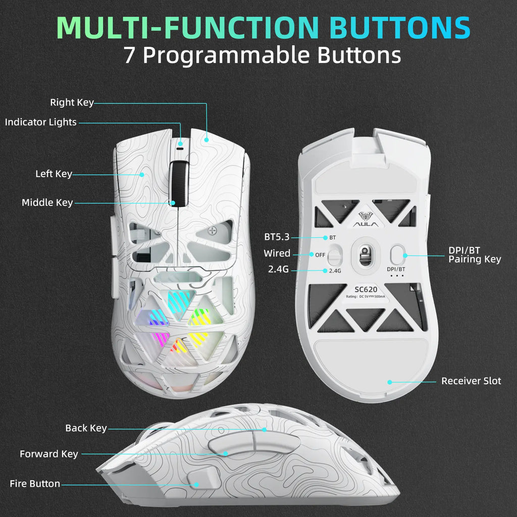 Aula SC620 Lightweight Tri-Mode Gaming Mouse with PAW3311 Optical Sensor, Adjustable DPI 800–12000, Hollow RGB Rechargeable Design, Programmable Macros for Gaming and Office Use