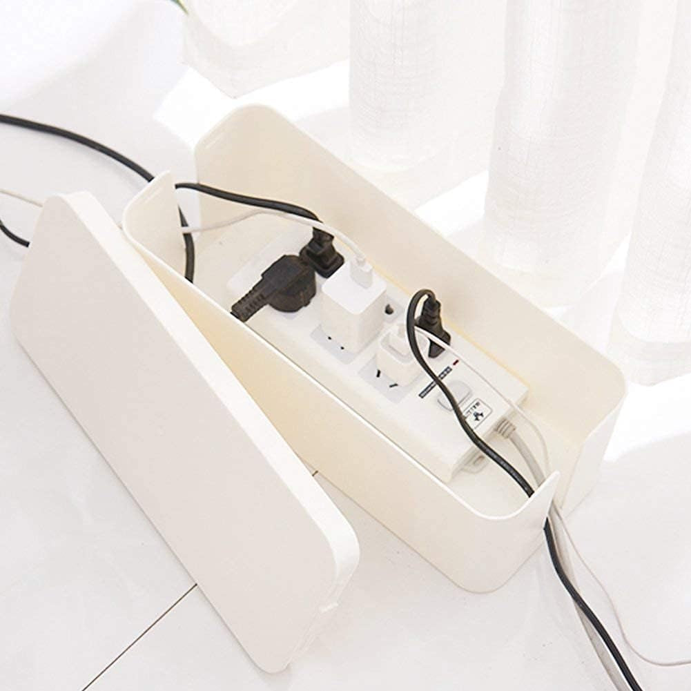 Cable Management Box Organizer Set of 2 - Wire Concealers for Hiding Surge Protectors and Power Strips on Desk or Floor, Includes 5 Cord Fastening Tapes for Office, Home, and Kitchen (Ice White)