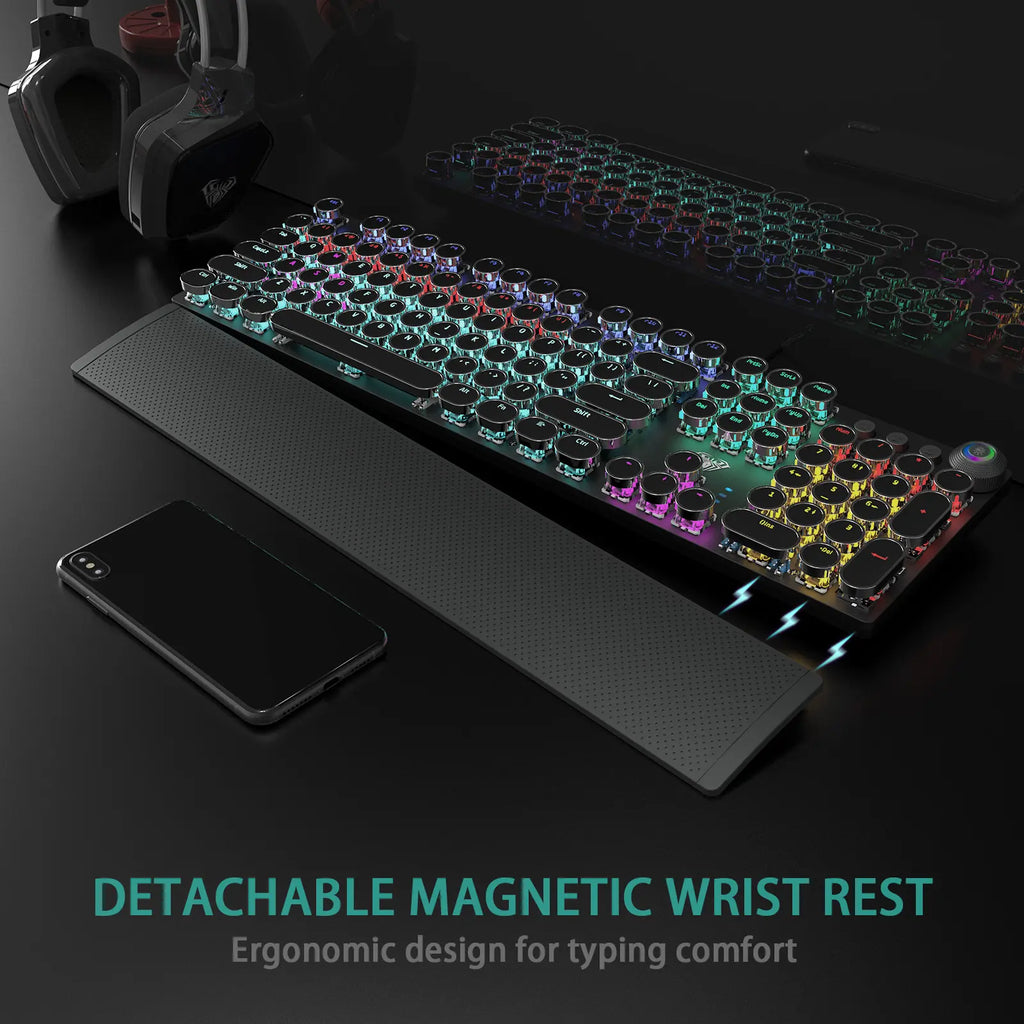 Aula F2088 Wired Mechanical Gaming Keyboard with Wrist Rest and Blue Switches - Full Size Round Key Design for Office Use